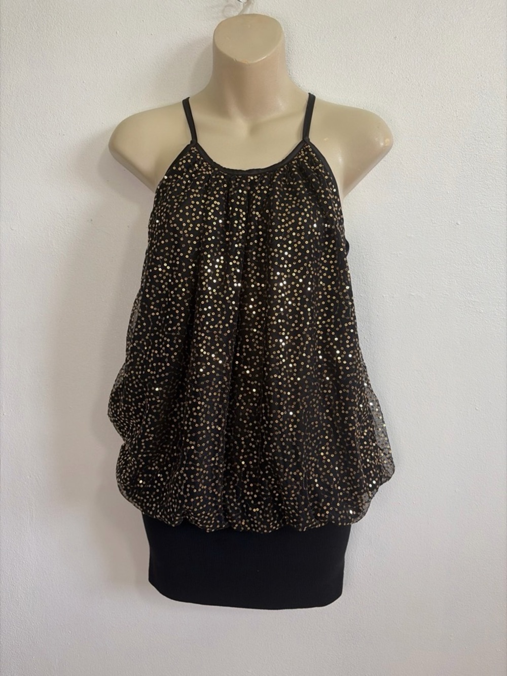 Kiss & Tell Black Gold Sequin Slip Dress Y2K Party Clubwear Bodycon Size M